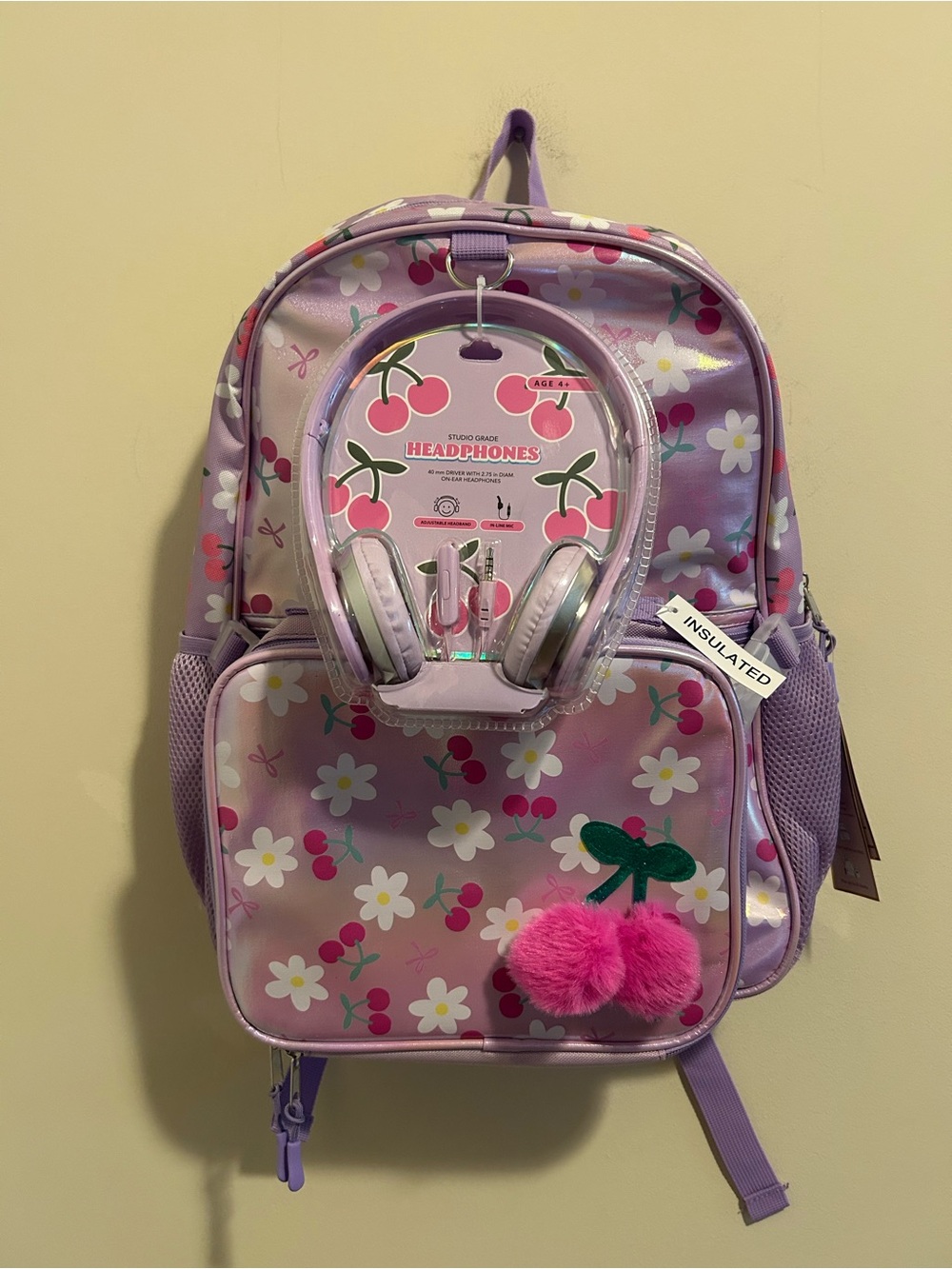 Kids Purple Floral Cherry Backpack, Lunchbox, and Headphones